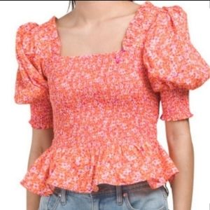 Floral Cotton Peplum Coral Blouse by CECE